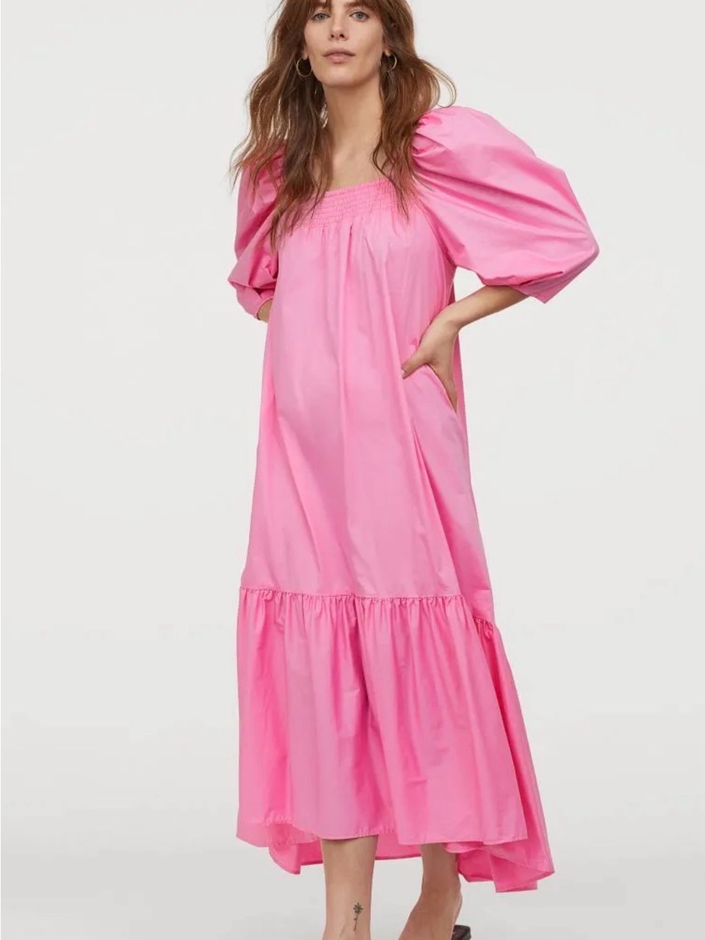 H&M Bright Pink Puff-Sleeve High-Low Tiered Maxi Dress